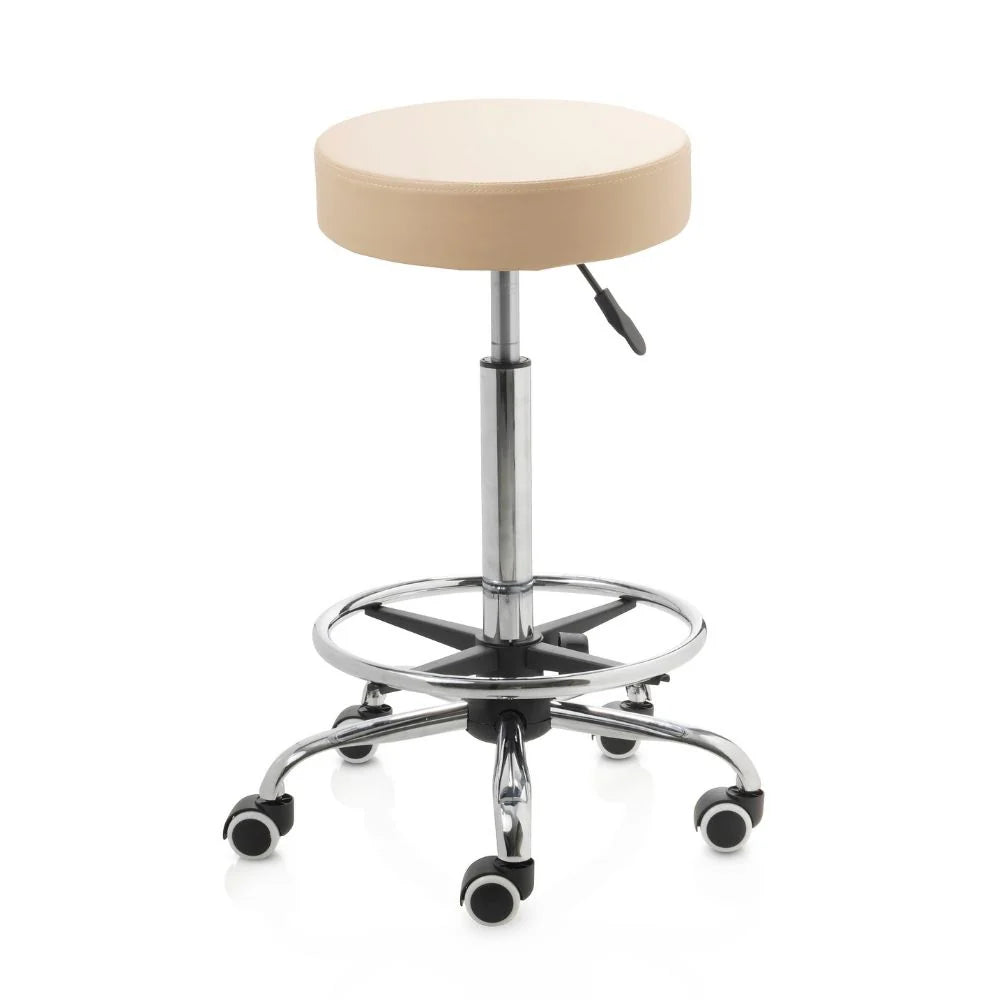 Tabouret beige base chromée 5 roues avec anneau