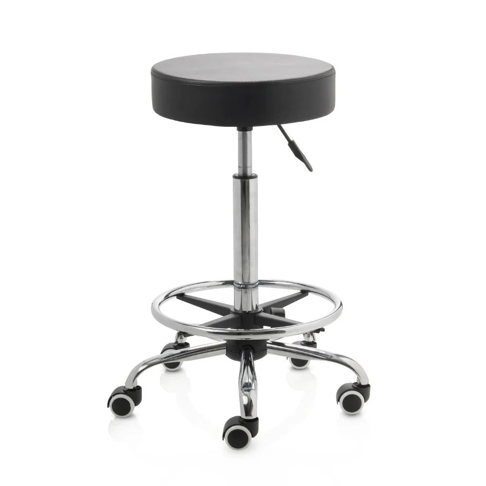 Tabouret noir base chromée 5 roues avec anneau
