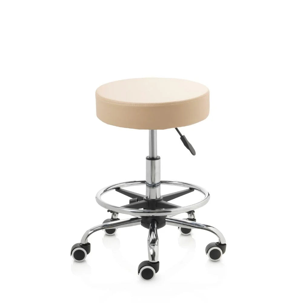 Tabouret beige base chromée 5 roues avec anneau