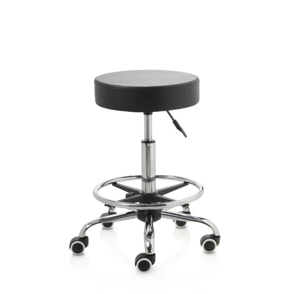 Tabouret noir base chromée 5 roues avec anneau