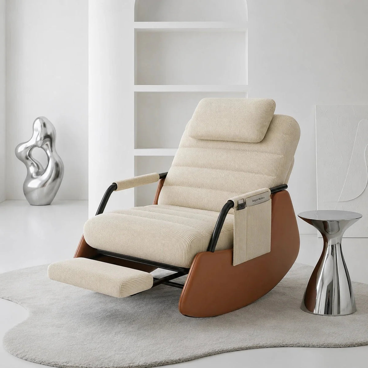 ALORA - rocking chair design velours côtelé, repose-pieds intégré